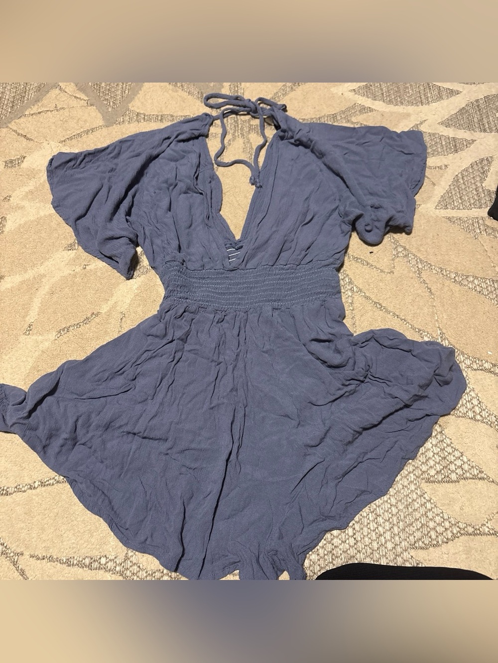 Final Touch Slate Blue Deep V Smocked Waist Flutter Dress